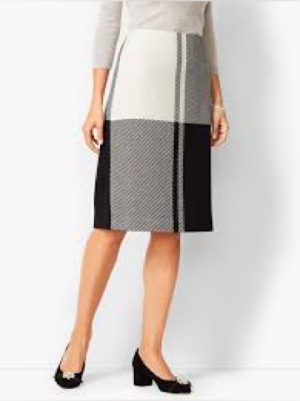 TALBOTS Colorblock Twill Pencil Mini Skirt Black White Houndstooth 6 Wool Work